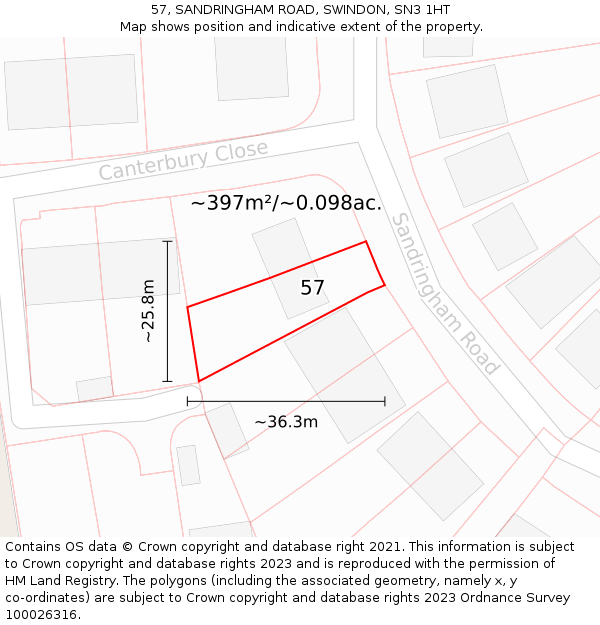 57, SANDRINGHAM ROAD, SWINDON, SN3 1HT: Plot and title map