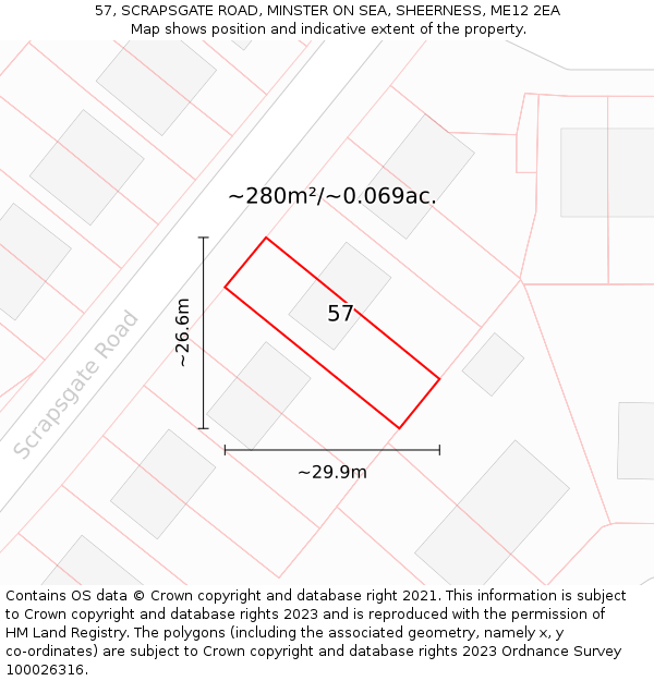 57, SCRAPSGATE ROAD, MINSTER ON SEA, SHEERNESS, ME12 2EA: Plot and title map