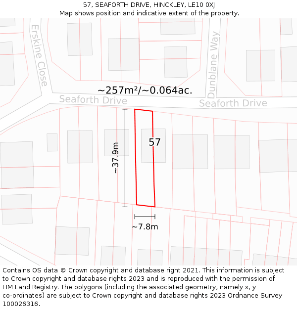 57, SEAFORTH DRIVE, HINCKLEY, LE10 0XJ: Plot and title map