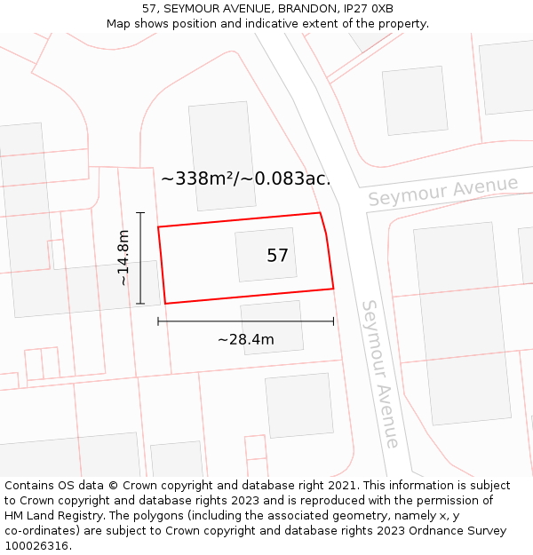 57, SEYMOUR AVENUE, BRANDON, IP27 0XB: Plot and title map