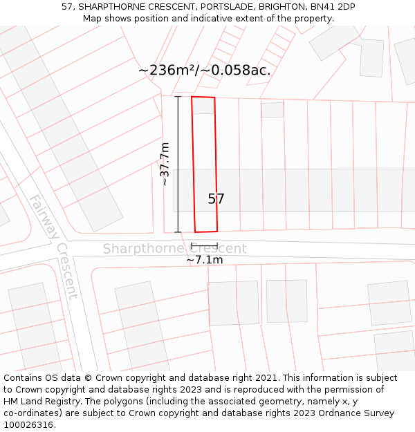 57, SHARPTHORNE CRESCENT, PORTSLADE, BRIGHTON, BN41 2DP: Plot and title map