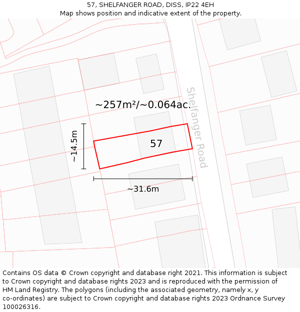 57, SHELFANGER ROAD, DISS, IP22 4EH: Plot and title map