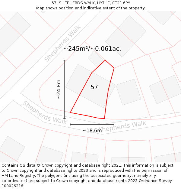57, SHEPHERDS WALK, HYTHE, CT21 6PY: Plot and title map