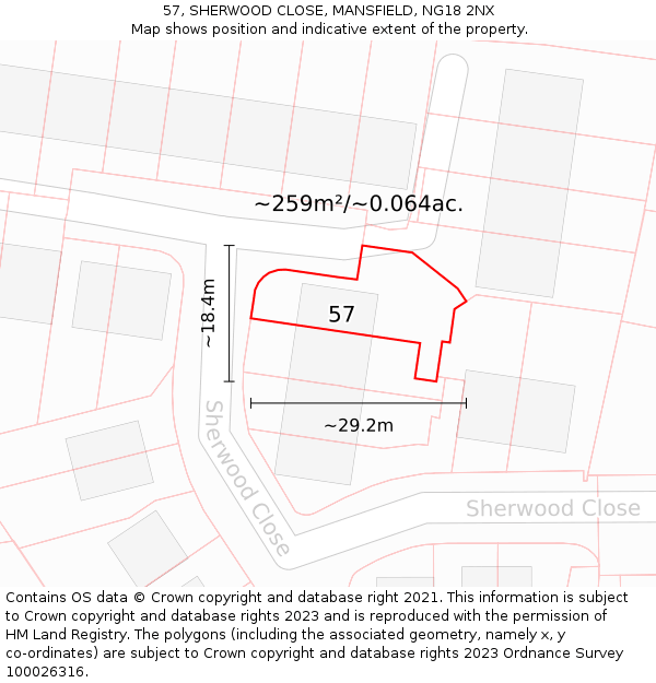 57, SHERWOOD CLOSE, MANSFIELD, NG18 2NX: Plot and title map