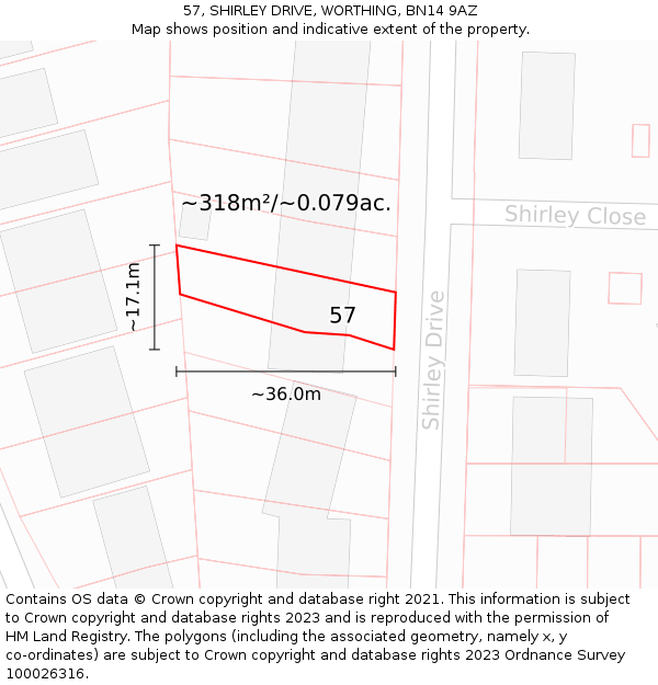57, SHIRLEY DRIVE, WORTHING, BN14 9AZ: Plot and title map