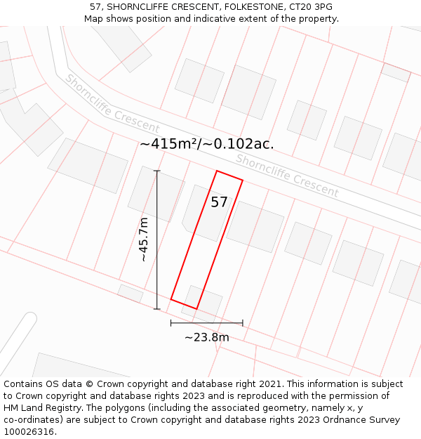 57, SHORNCLIFFE CRESCENT, FOLKESTONE, CT20 3PG: Plot and title map