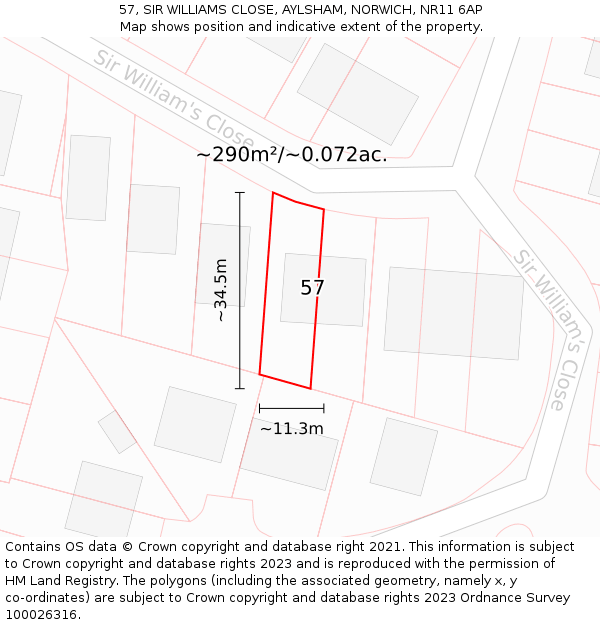 57, SIR WILLIAMS CLOSE, AYLSHAM, NORWICH, NR11 6AP: Plot and title map