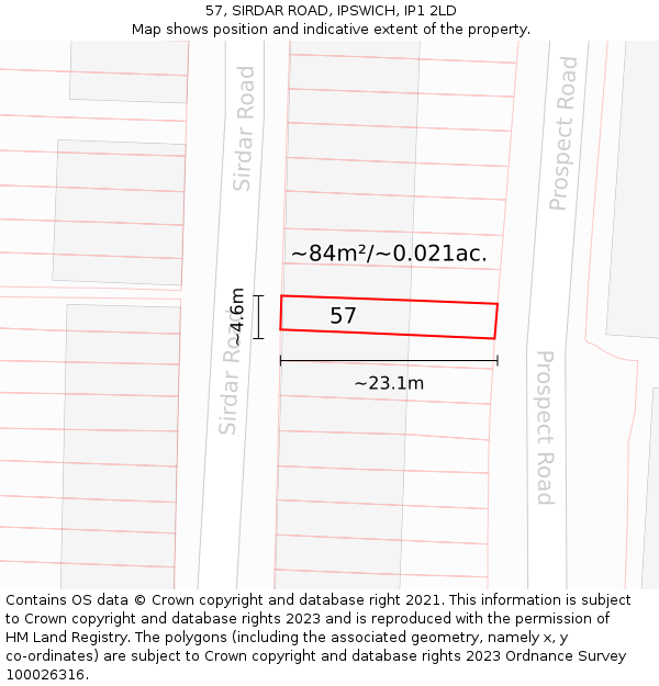 57, SIRDAR ROAD, IPSWICH, IP1 2LD: Plot and title map