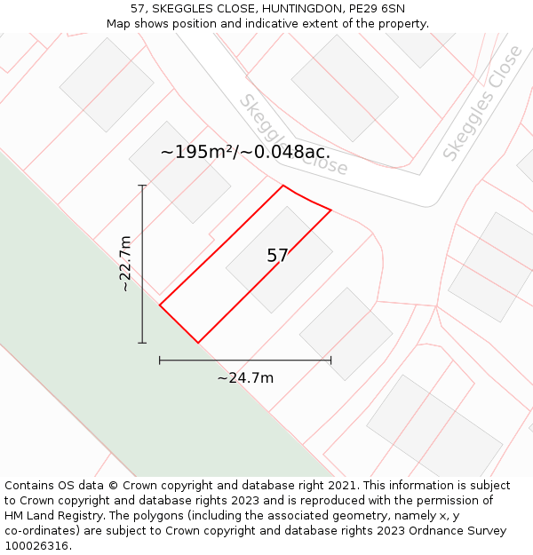 57, SKEGGLES CLOSE, HUNTINGDON, PE29 6SN: Plot and title map