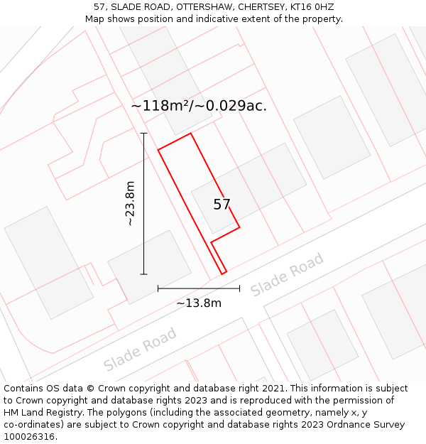 57, SLADE ROAD, OTTERSHAW, CHERTSEY, KT16 0HZ: Plot and title map