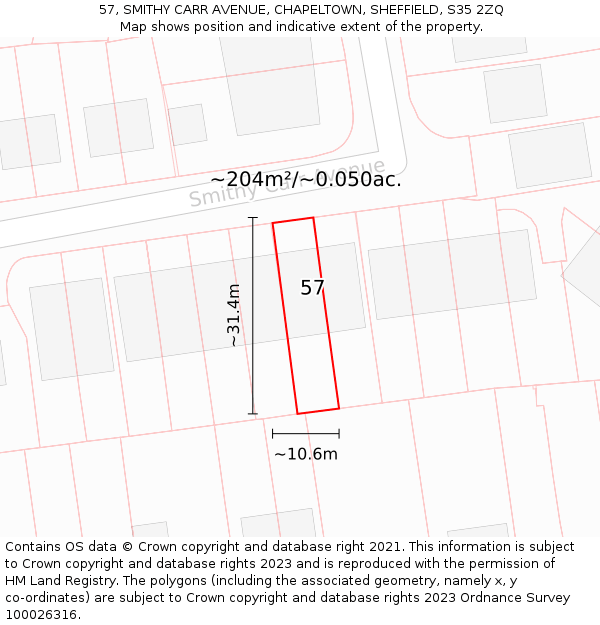 57, SMITHY CARR AVENUE, CHAPELTOWN, SHEFFIELD, S35 2ZQ: Plot and title map