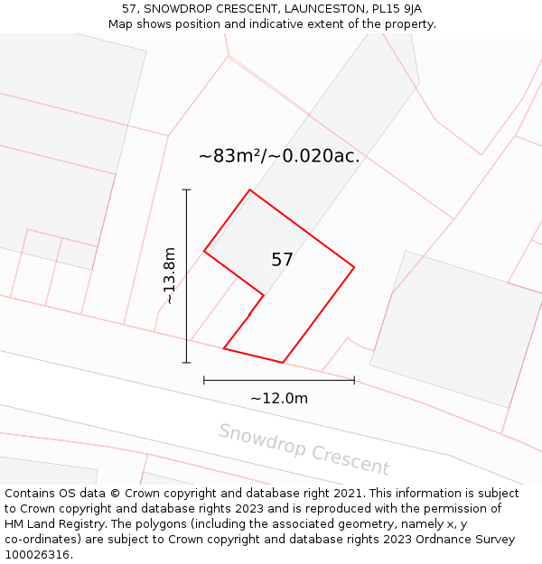 57, SNOWDROP CRESCENT, LAUNCESTON, PL15 9JA: Plot and title map