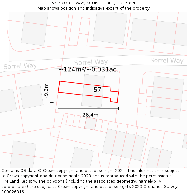 57, SORREL WAY, SCUNTHORPE, DN15 8PL: Plot and title map