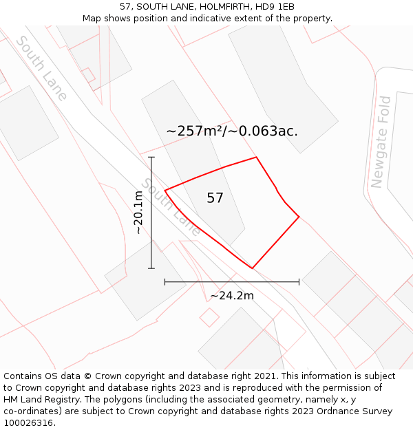 57, SOUTH LANE, HOLMFIRTH, HD9 1EB: Plot and title map