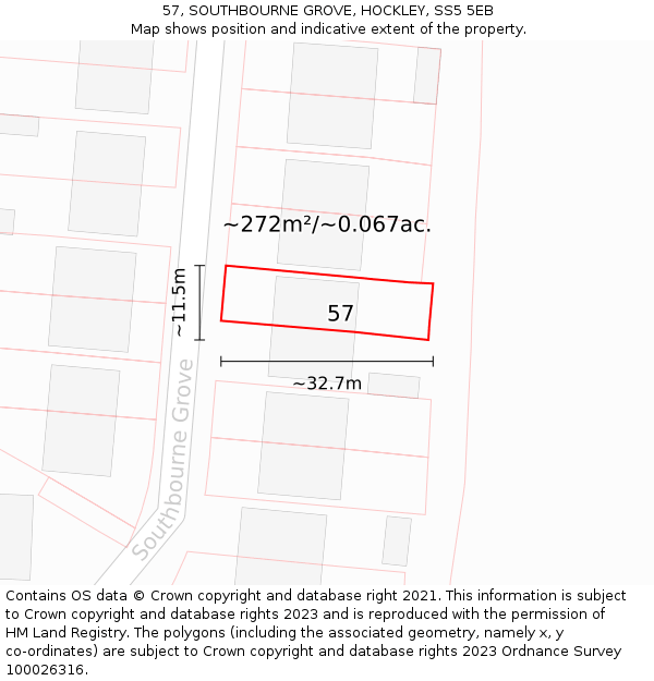 57, SOUTHBOURNE GROVE, HOCKLEY, SS5 5EB: Plot and title map