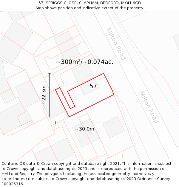 57, SPRIGGS CLOSE, CLAPHAM, BEDFORD, MK41 6GD: Plot and title map