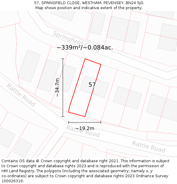 57, SPRINGFIELD CLOSE, WESTHAM, PEVENSEY, BN24 5JG: Plot and title map