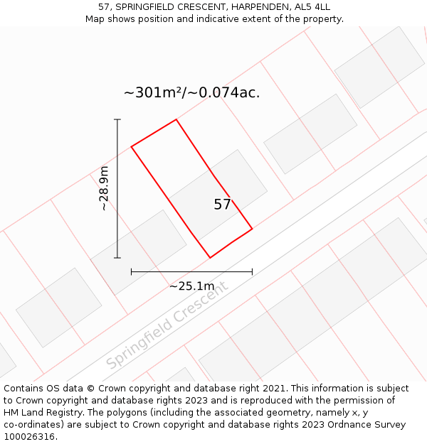 57, SPRINGFIELD CRESCENT, HARPENDEN, AL5 4LL: Plot and title map