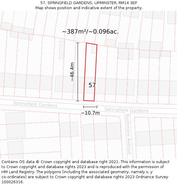 57, SPRINGFIELD GARDENS, UPMINSTER, RM14 3EP: Plot and title map