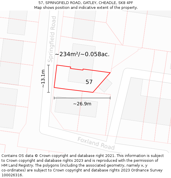 57, SPRINGFIELD ROAD, GATLEY, CHEADLE, SK8 4PF: Plot and title map