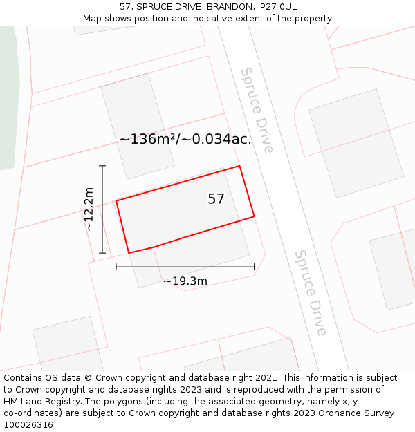 57, SPRUCE DRIVE, BRANDON, IP27 0UL: Plot and title map