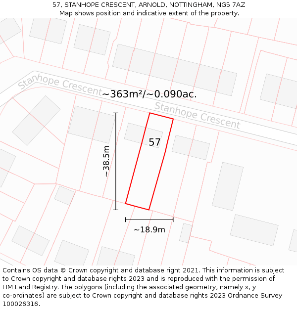 57, STANHOPE CRESCENT, ARNOLD, NOTTINGHAM, NG5 7AZ: Plot and title map