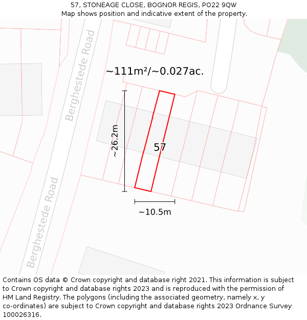 57, STONEAGE CLOSE, BOGNOR REGIS, PO22 9QW: Plot and title map