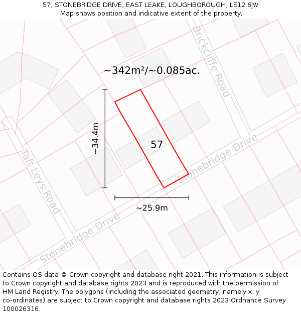 57, STONEBRIDGE DRIVE, EAST LEAKE, LOUGHBOROUGH, LE12 6JW: Plot and title map
