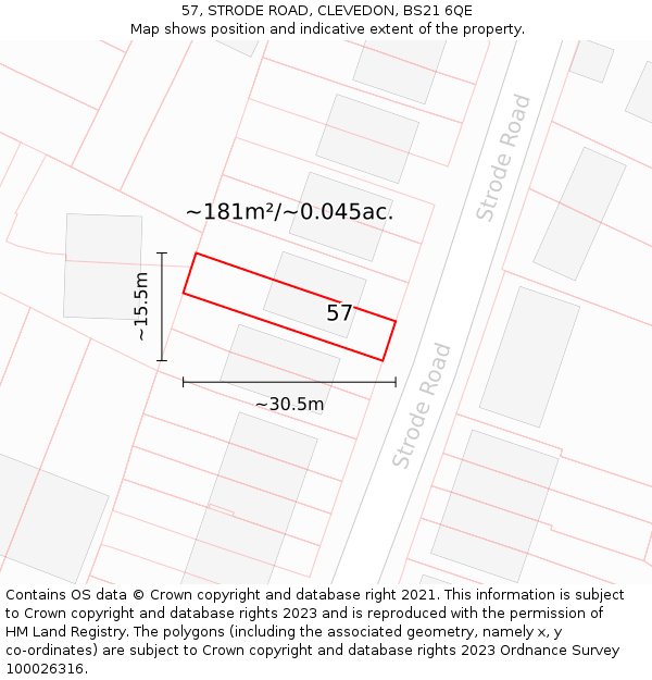 57, STRODE ROAD, CLEVEDON, BS21 6QE: Plot and title map