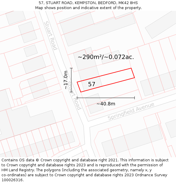57, STUART ROAD, KEMPSTON, BEDFORD, MK42 8HS: Plot and title map