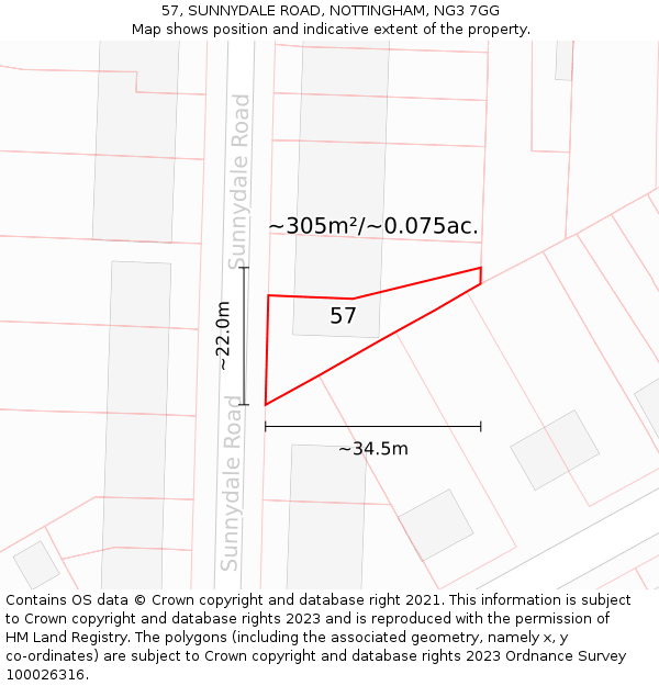 57, SUNNYDALE ROAD, NOTTINGHAM, NG3 7GG: Plot and title map