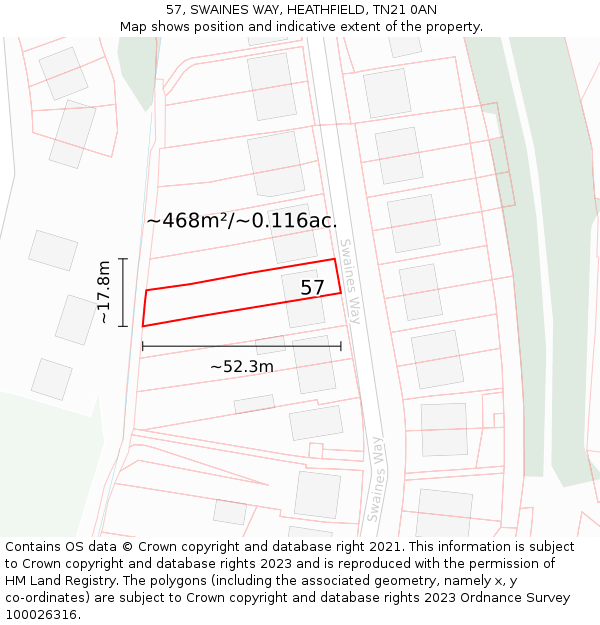 57, SWAINES WAY, HEATHFIELD, TN21 0AN: Plot and title map
