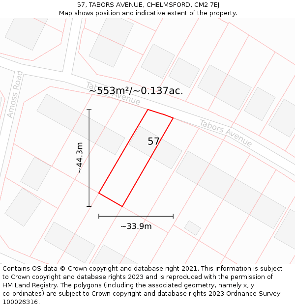 57, TABORS AVENUE, CHELMSFORD, CM2 7EJ: Plot and title map