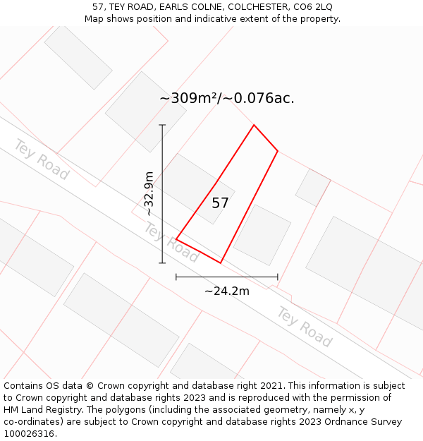57, TEY ROAD, EARLS COLNE, COLCHESTER, CO6 2LQ: Plot and title map