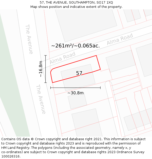 57, THE AVENUE, SOUTHAMPTON, SO17 1XQ: Plot and title map