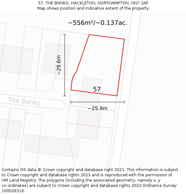 57, THE BANKS, HACKLETON, NORTHAMPTON, NN7 2AF: Plot and title map