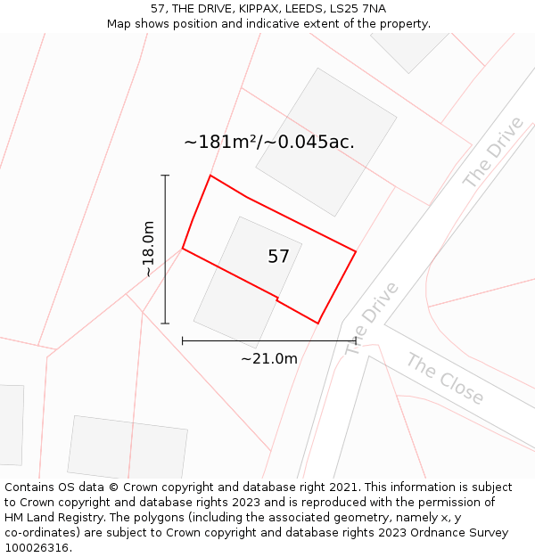 57, THE DRIVE, KIPPAX, LEEDS, LS25 7NA: Plot and title map