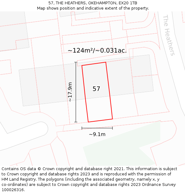 57, THE HEATHERS, OKEHAMPTON, EX20 1TB: Plot and title map