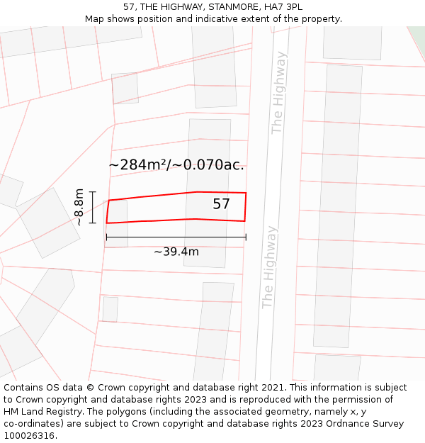 57, THE HIGHWAY, STANMORE, HA7 3PL: Plot and title map