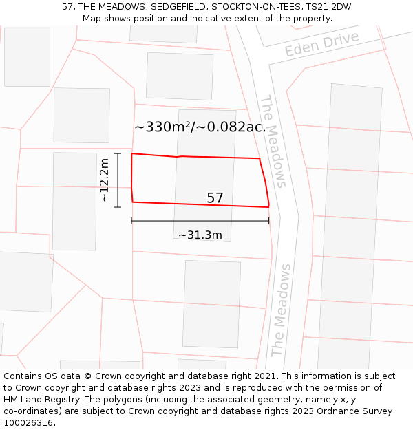 57, THE MEADOWS, SEDGEFIELD, STOCKTON-ON-TEES, TS21 2DW: Plot and title map