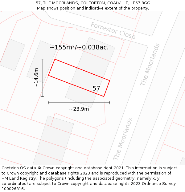 57, THE MOORLANDS, COLEORTON, COALVILLE, LE67 8GG: Plot and title map