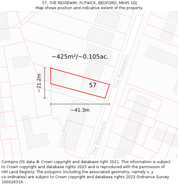 57, THE RIDGEWAY, FLITWICK, BEDFORD, MK45 1DJ: Plot and title map
