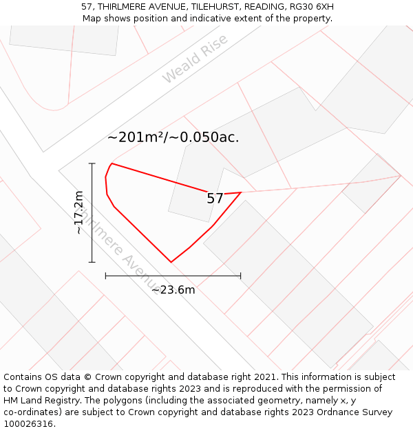 57, THIRLMERE AVENUE, TILEHURST, READING, RG30 6XH: Plot and title map