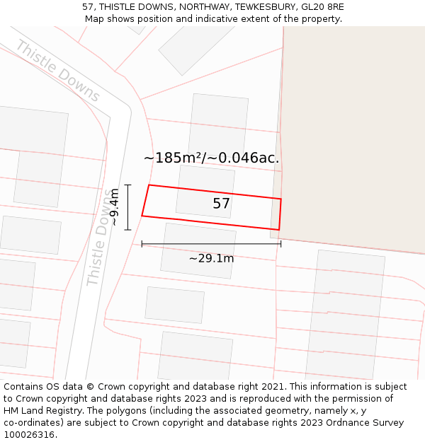 57, THISTLE DOWNS, NORTHWAY, TEWKESBURY, GL20 8RE: Plot and title map