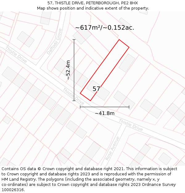 57, THISTLE DRIVE, PETERBOROUGH, PE2 8HX: Plot and title map