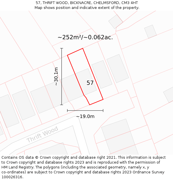 57, THRIFT WOOD, BICKNACRE, CHELMSFORD, CM3 4HT: Plot and title map