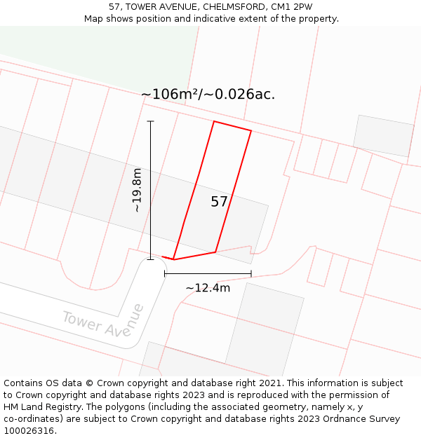 57, TOWER AVENUE, CHELMSFORD, CM1 2PW: Plot and title map