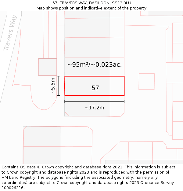 57, TRAVERS WAY, BASILDON, SS13 3LU: Plot and title map