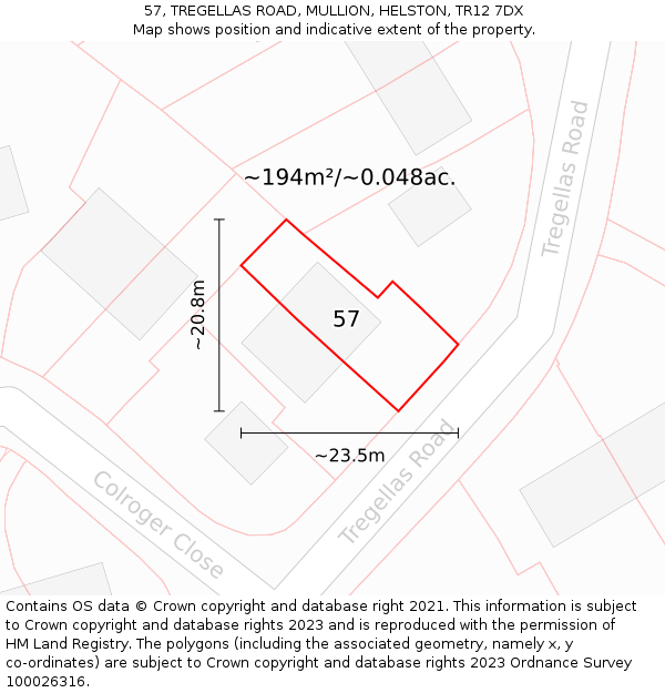 57, TREGELLAS ROAD, MULLION, HELSTON, TR12 7DX: Plot and title map