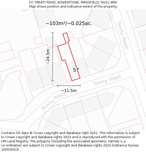 57, TRINITY ROAD, EDWINSTOWE, MANSFIELD, NG21 9RW: Plot and title map